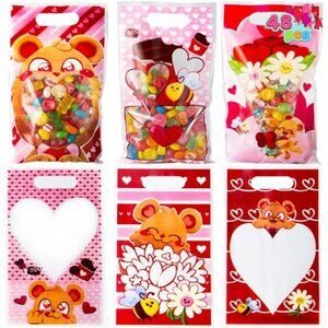 48 Pcs Valentine’s Day Gift Bag 10" Plastic Treat Bags Cellophane Candy Bags
